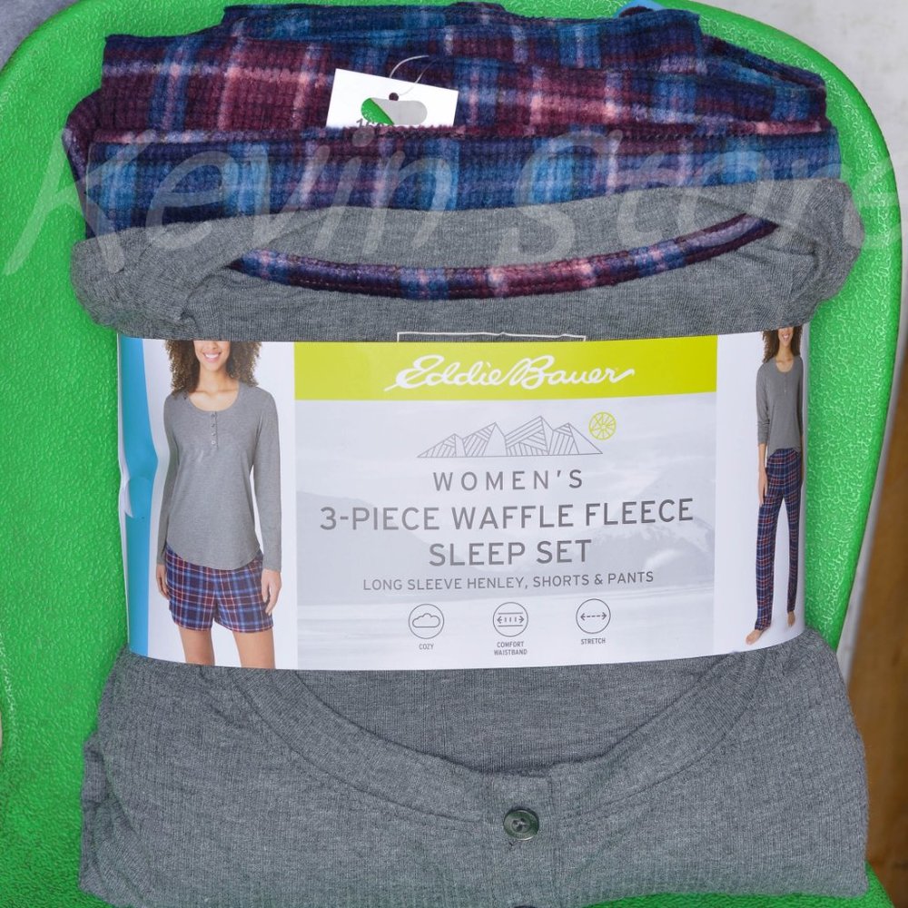 GRAY NWT Waffle Fleece Pajamas Set‎ Eddie Bauer Ladies' 3-Piece